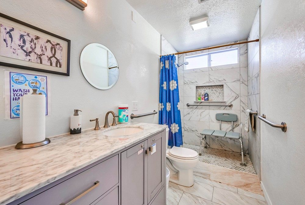 An accessible bathroom with grab bars at the Westridge home